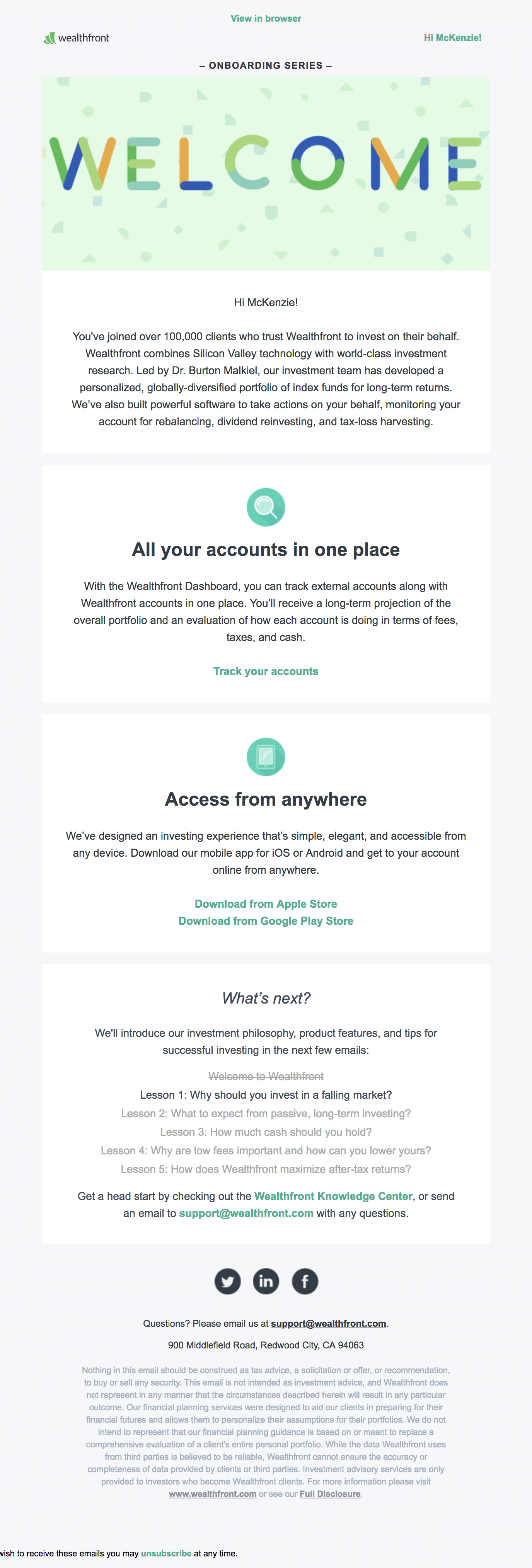 Wealthfront welcome email example