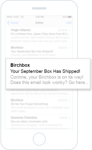 the pre-header is the grey text beneath the “Birchbox: Your September Box Has Shipped” subject line.