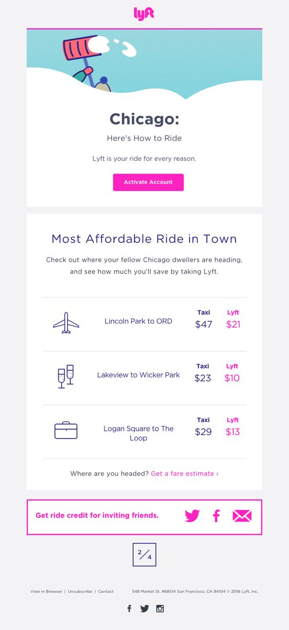 Lyft sent this email based on the subscriber’s current location. As a bonus, it breaks down the cost-effectiveness of using the rideshare app and provides a cost estimate calculator.