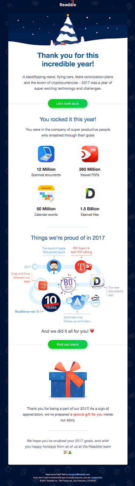Readdle takes it a step further by sending their leads a yearly retrospective email, thanking them for being a part of the company’s success over the past year. 