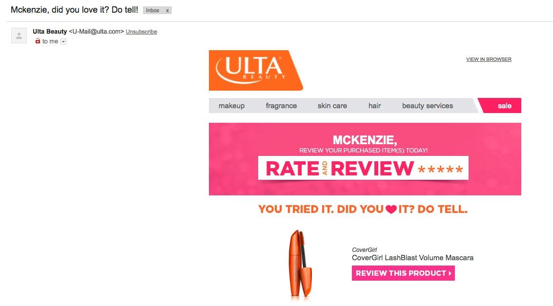 This example from ULTA not only asks a question to the reader but is, again, personalizing it with the reader’s name.