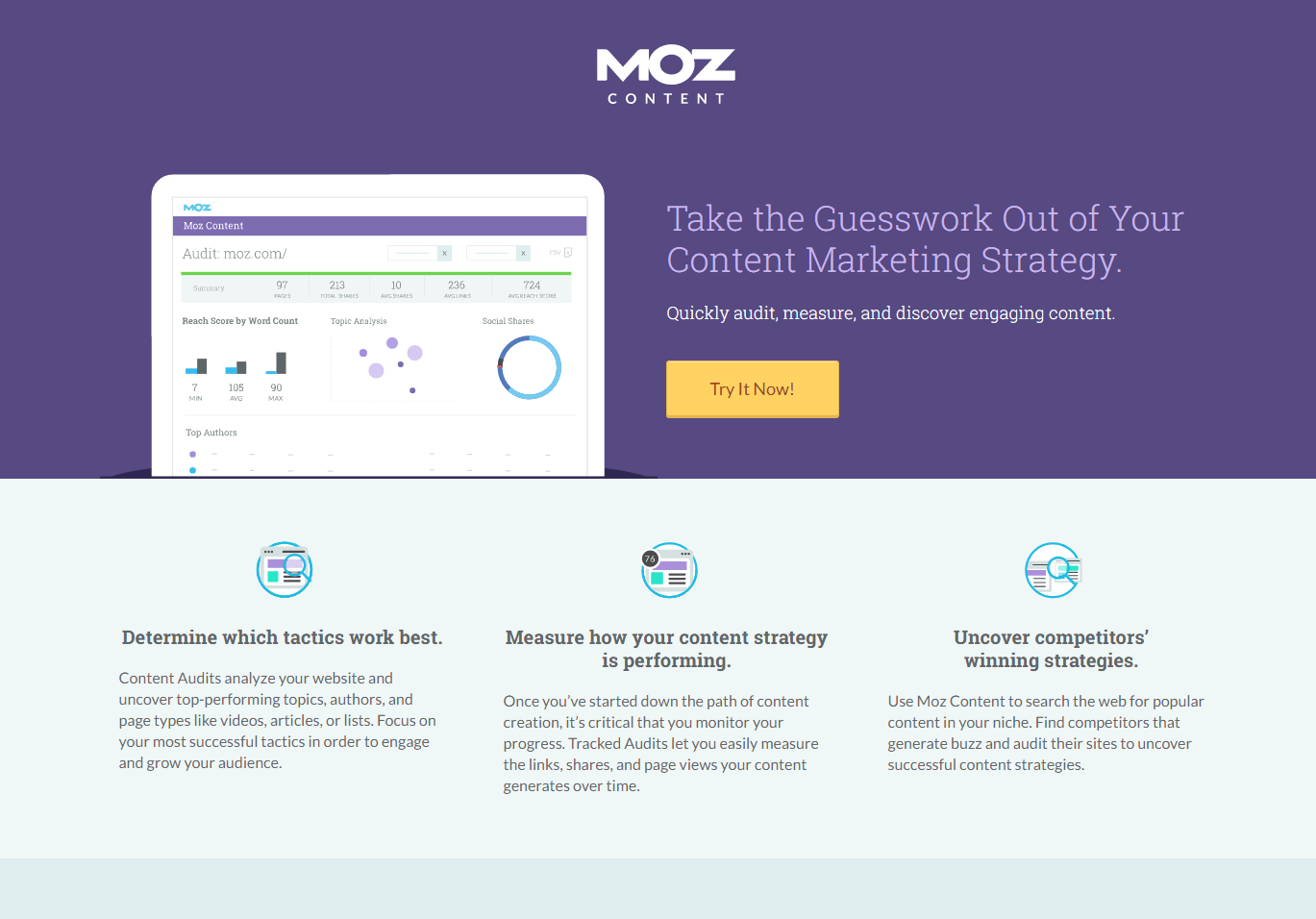 This landing page from popular internet content marketing tool, Moz is one of our favorites that focuses on benefits. 