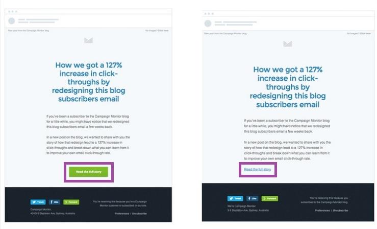 Email example with a CTA button vs CTA hyperlinked to anchor text