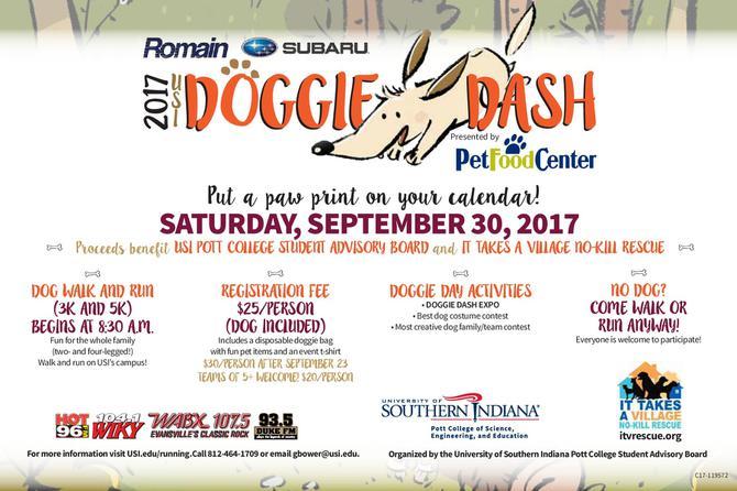 University of Southern Indiana Annual Doggie Dash Dog Walk and Run Fundraiser Flyer