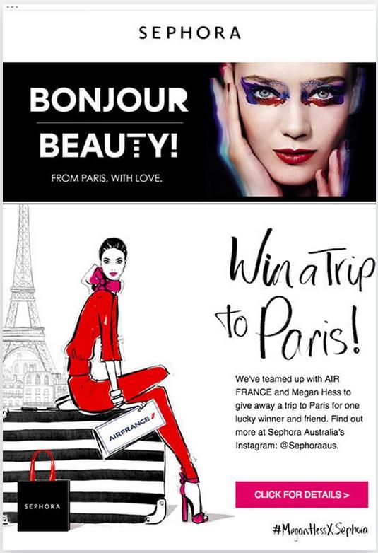 With an offer to win a trip to Paris, Sephora’s email showcases how an offer of a giveaway, free trip, or other promotion can sway users to open the email and take action. 