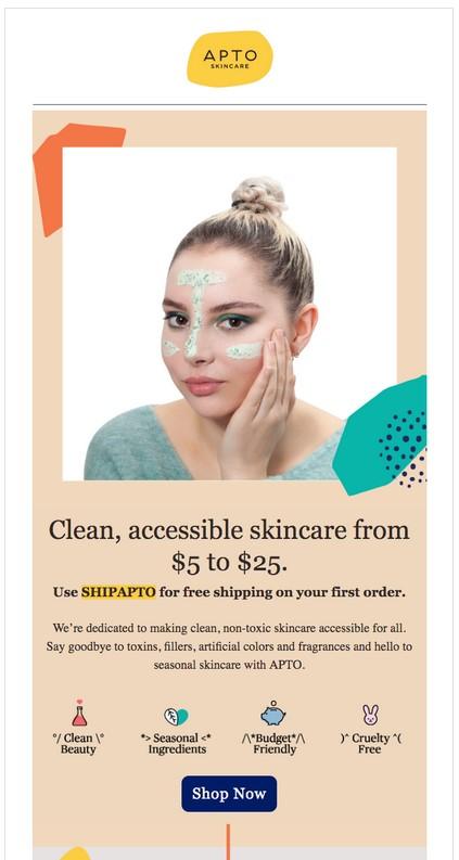 Skincare brand, APTO, uses its industry differentiators as their message in this email copy.