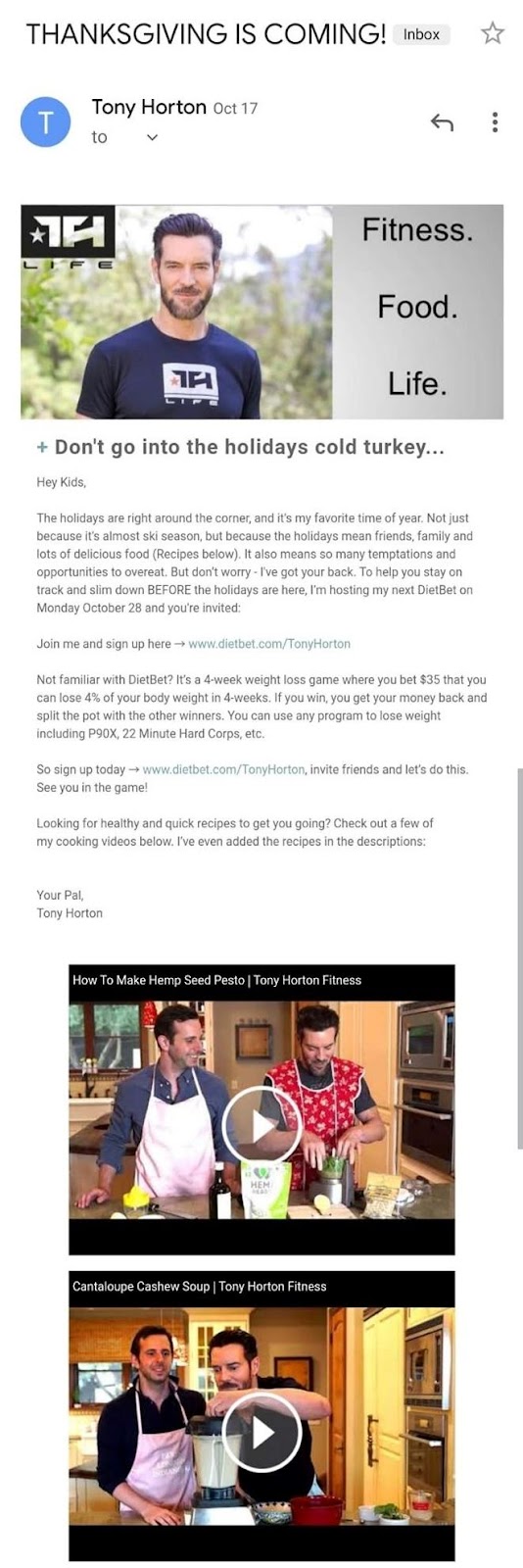 In the following example by celebrity trainer Tony Horton, you’ll see he gets creative and shares a variety of recipes with his clients. 