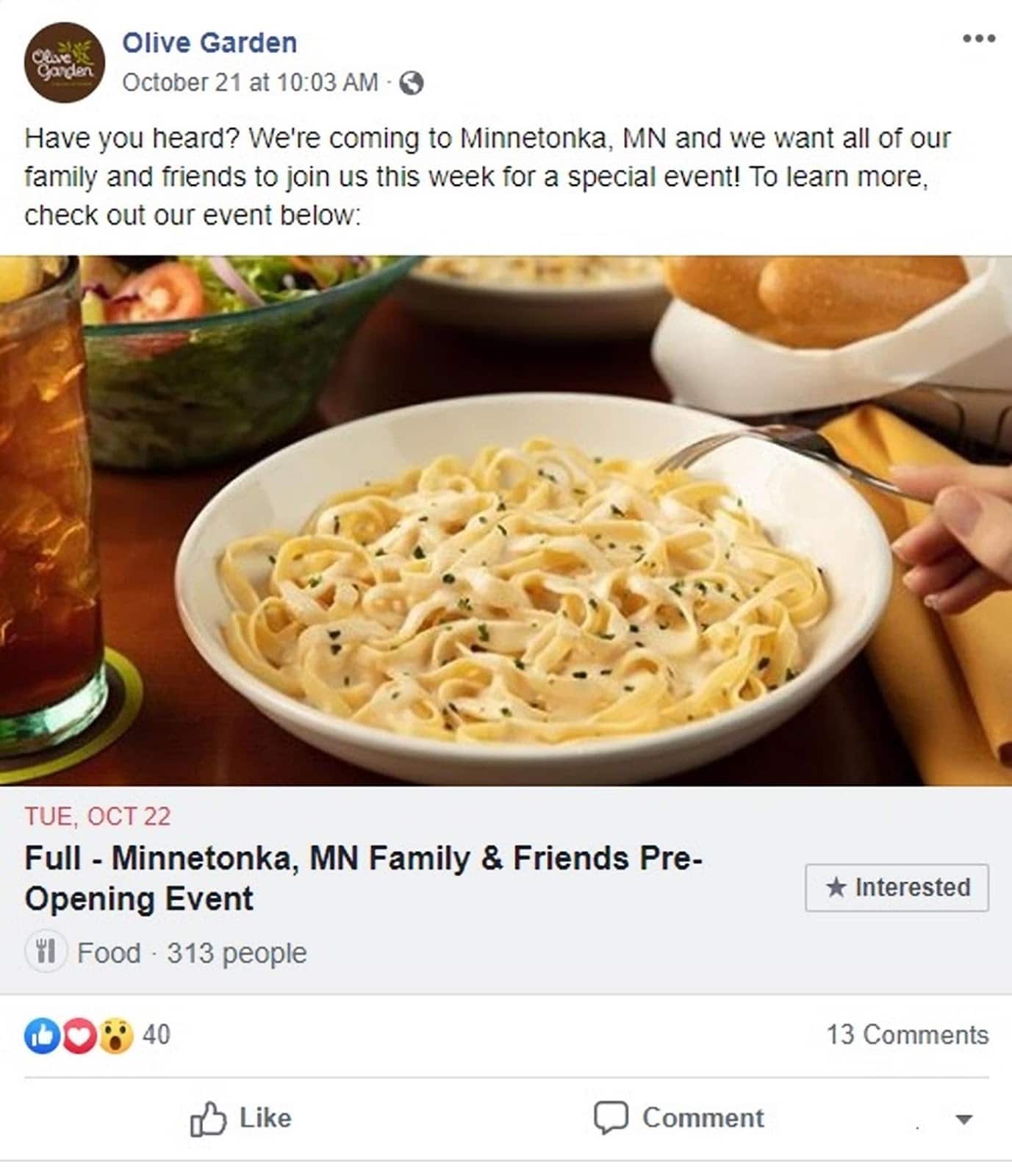 Olive Garden facebook page example