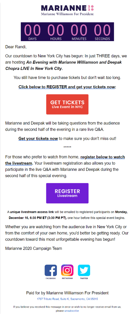 Marianne Williamson campaign email example