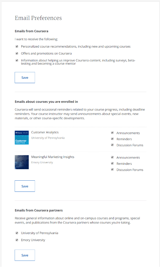 example of a preference center from Coursera