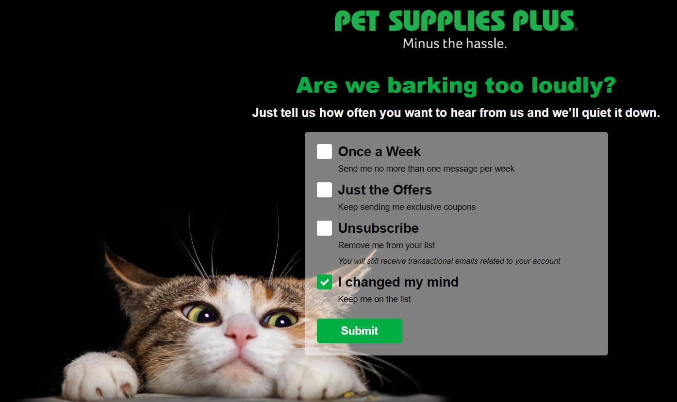 Pet Supplies Plus email preference example