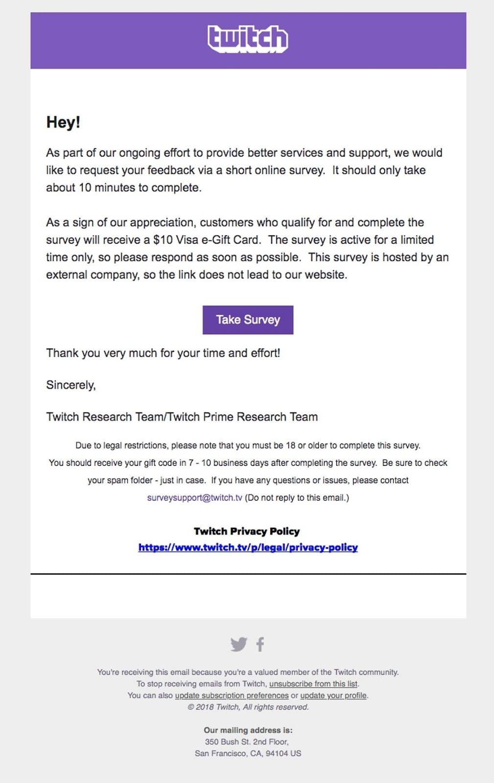 Twitch | testimonial email