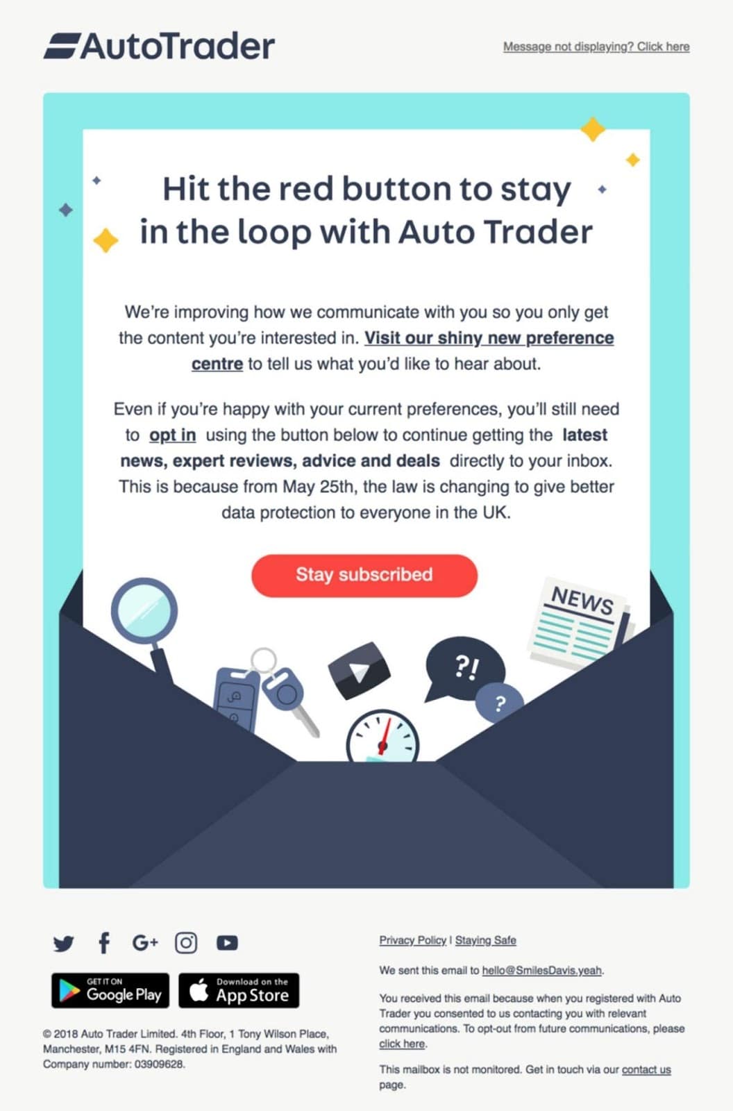AutoTrader email example asking users if they would like to unsubscribe