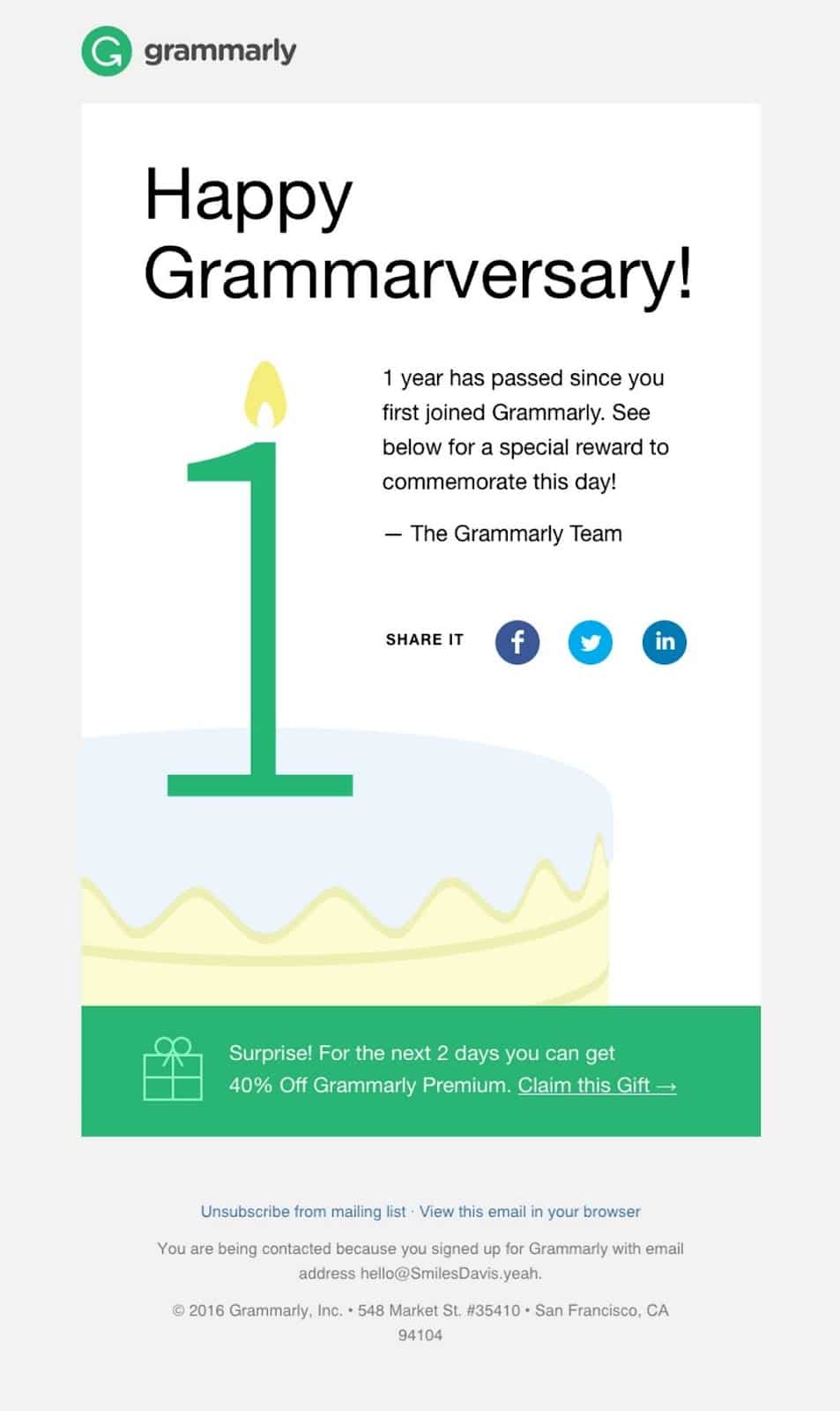 Grammarly email example of appreciating customers