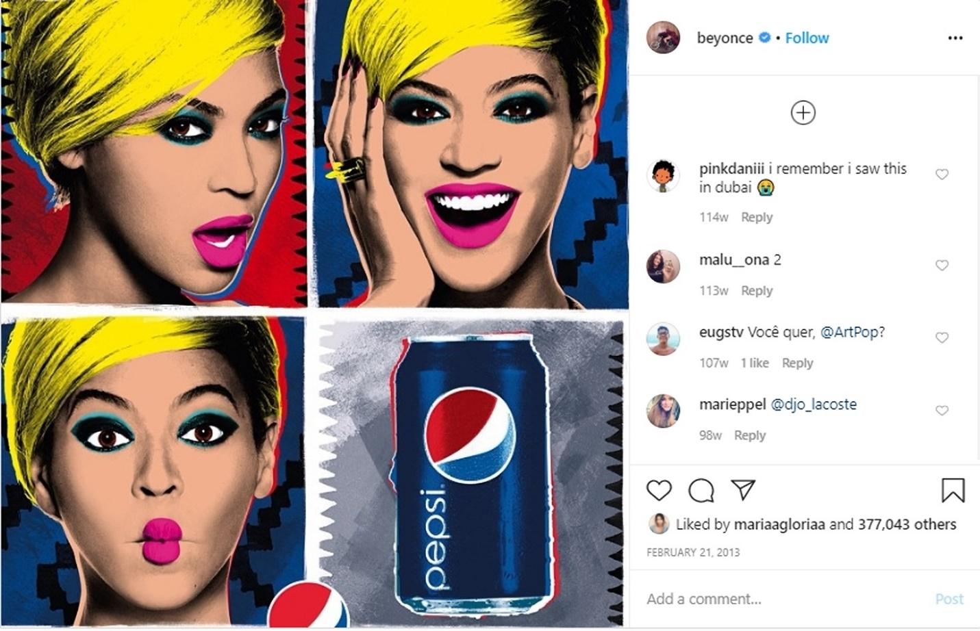 Beyonce influencer instagram post for Pepsi