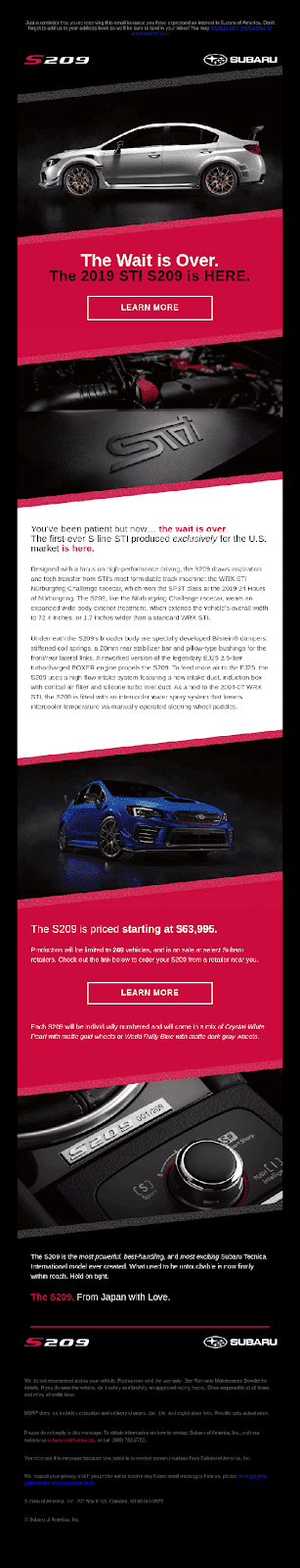 Subaru product launch email