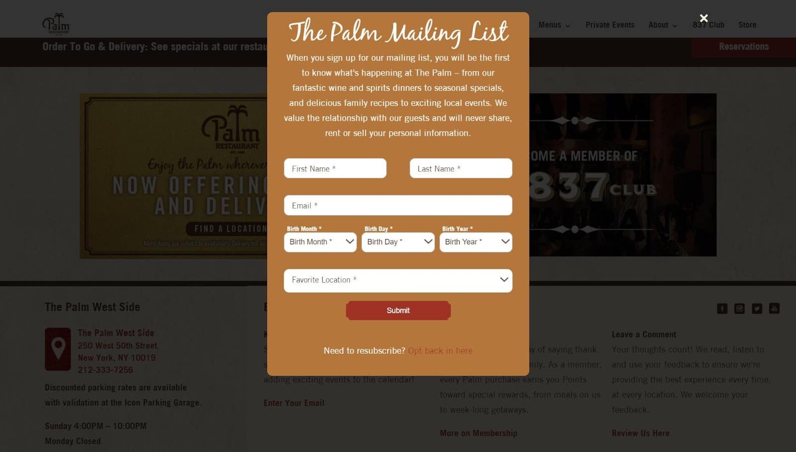 The pop up from Palm Restaurant’s website - the background has a dark overlay to hide the website.