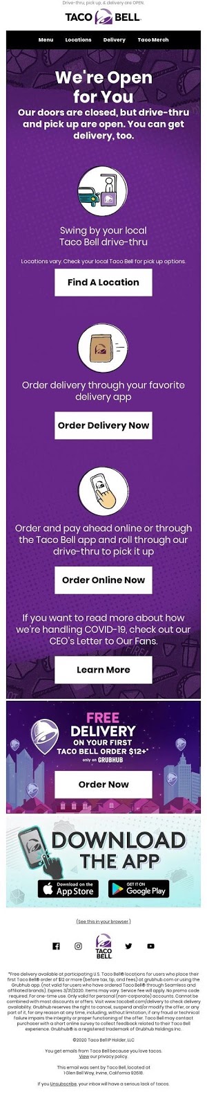 Taco Bell’s on-point brand consistency email features their familiar logo, colors, and font.