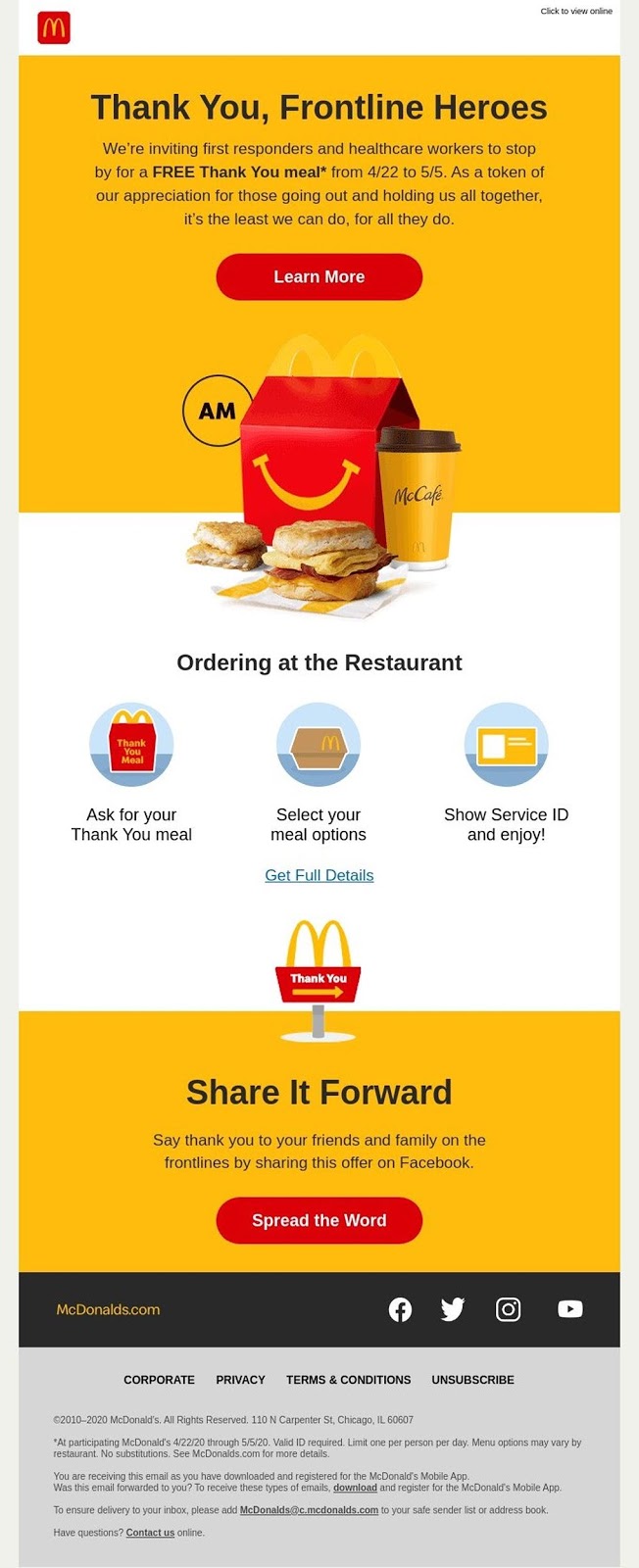 McDonalds’ email campaign thanks frontline workers and stays true to its brand with consistent golden arches messaging.
