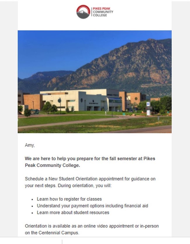 Strategic use of photos in email campaigns enhances text email for higher education marketing.