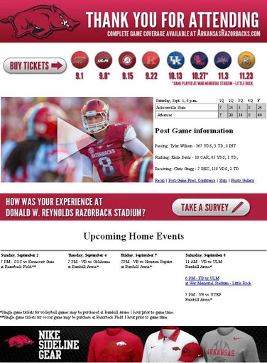 Use CTAs in your emails to direct subscribers toward the action you want them to take, like this email The University of Arkansas athletics department sent.