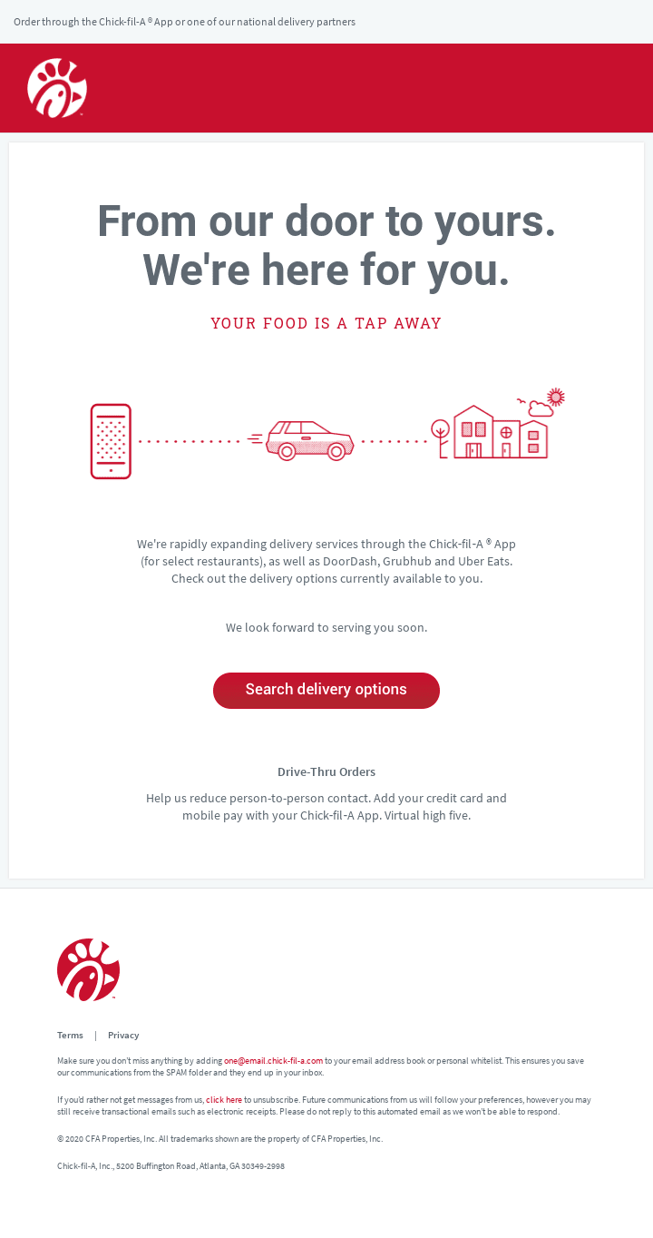 Chick-fil-A delivery confirmation email example