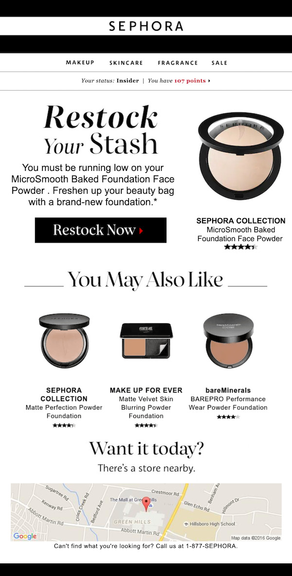 sephora-collection-newsletter: Sephora sends a ‘restock your stash’ email connecting their brand on a personal level.