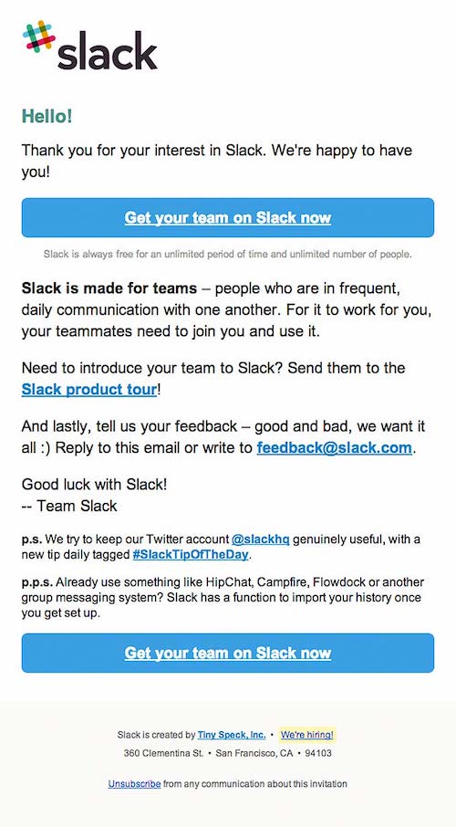 slack-automated-welcome-email-example: Slack’s welcome email invites subscribers to take a product tour or provide feedback.