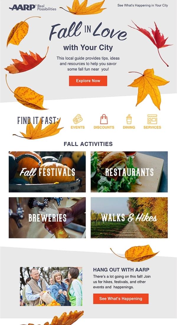 There’s so much going on in this email, but it doesn’t feel cluttered. The addition of the autumn leaves is a great touch, as well as the nod to fall colors in the menu icons and CTA buttons.