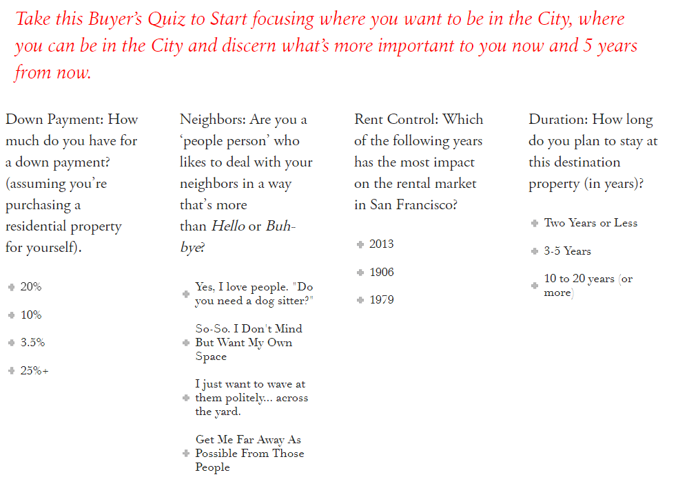 Quiz topics can range from real estate facts to non-knowledge-related ones like "Are You Ready to Buy a Home?"