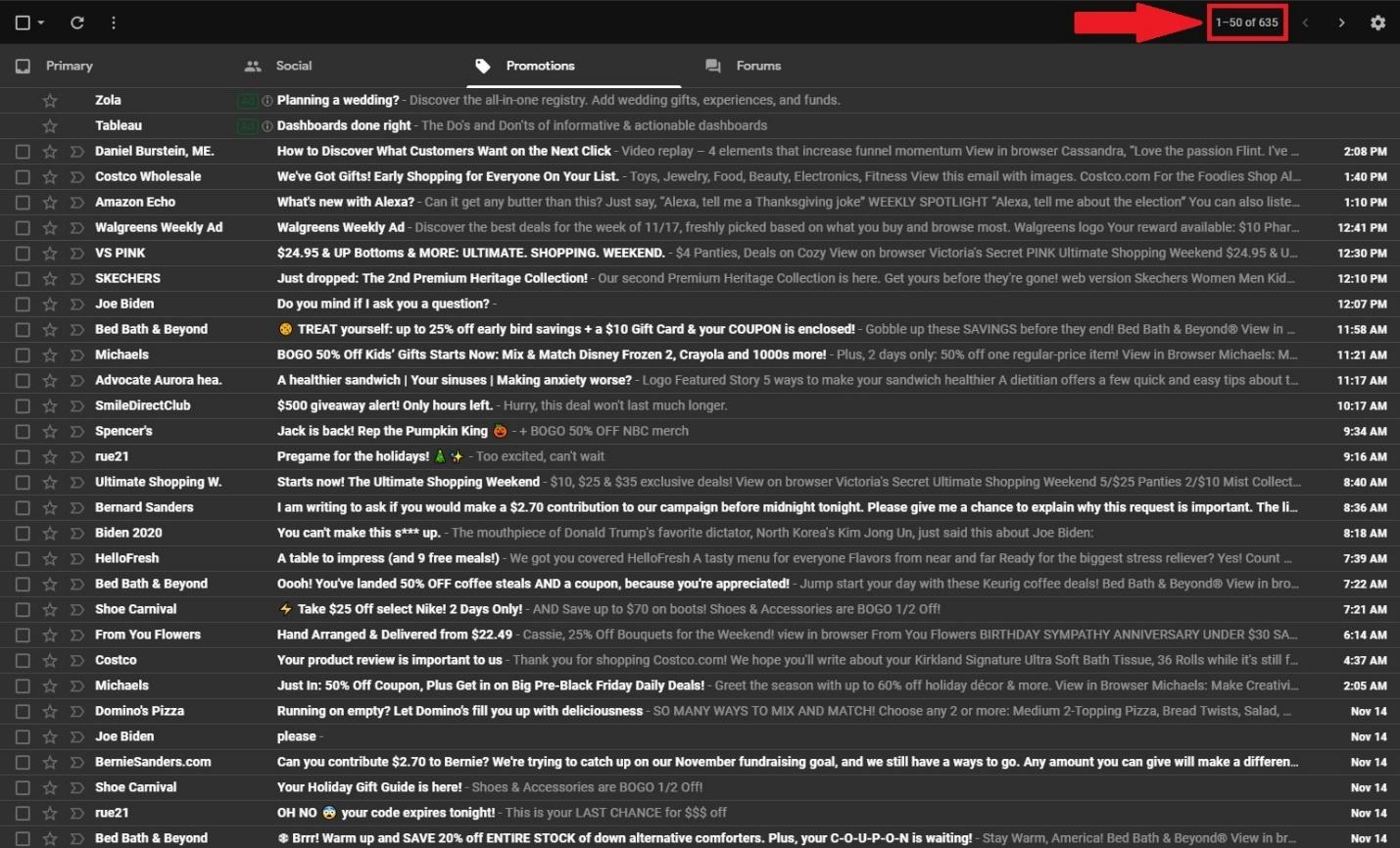 A subject line and preheader text is especially crucial for promotional emails. Take a look at this screenshot of an average Gmail promotions tab: