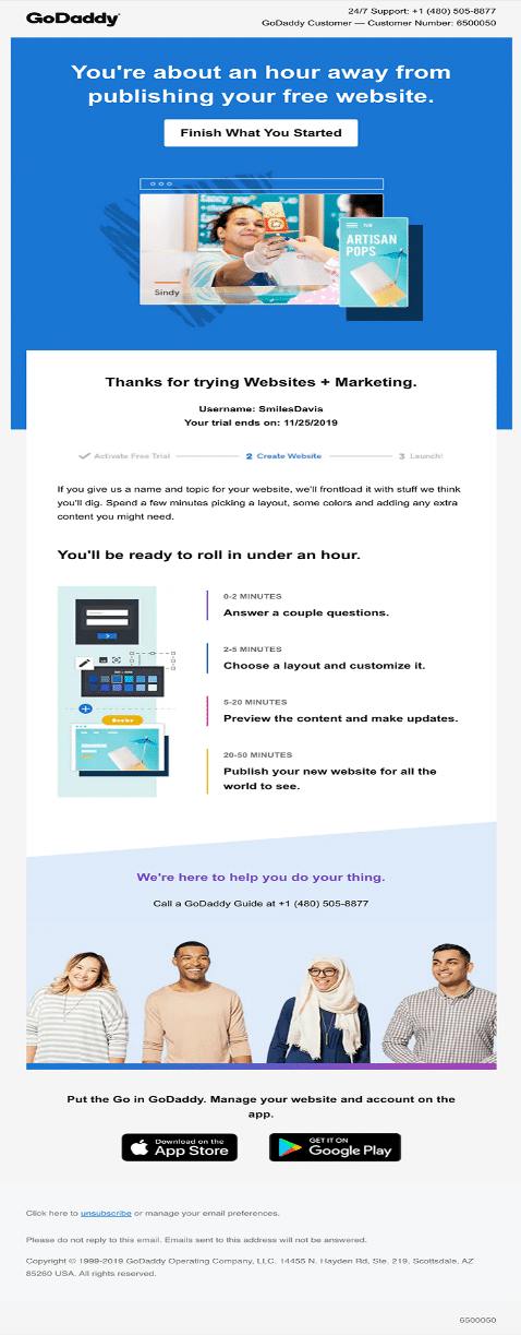 GoDaddy email example once a trial ends