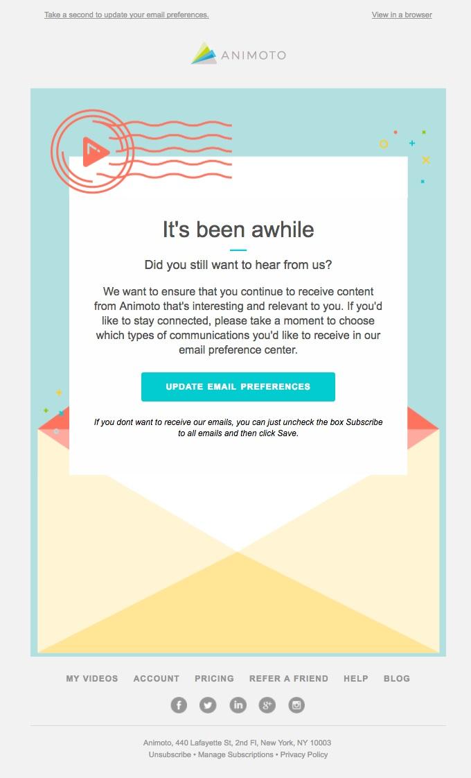 An excellent example of a re-engagement email campaign that allows inactive subscribers the opportunity to update their email preferences