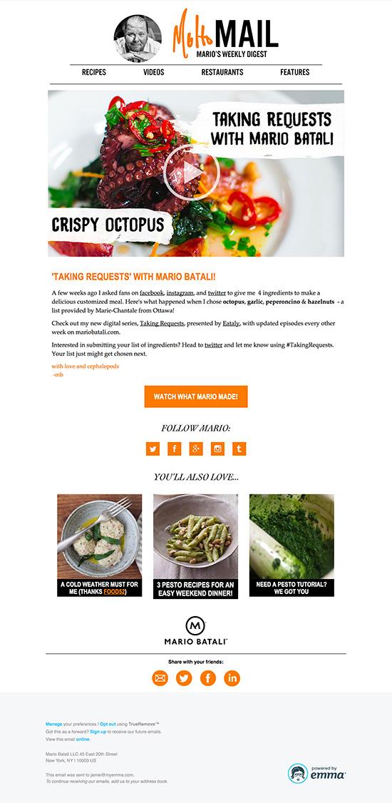 The Batali brand uses email to keep fans connected to their main man in the orange Crocs, and their design looks as great as the tasty food coming out of the kitchen.