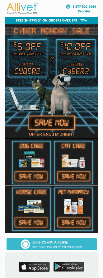 One good idea is to leverage the “cyber” aspect of the season and incorporate it into your email design. Here’s a classic example from Allivet: