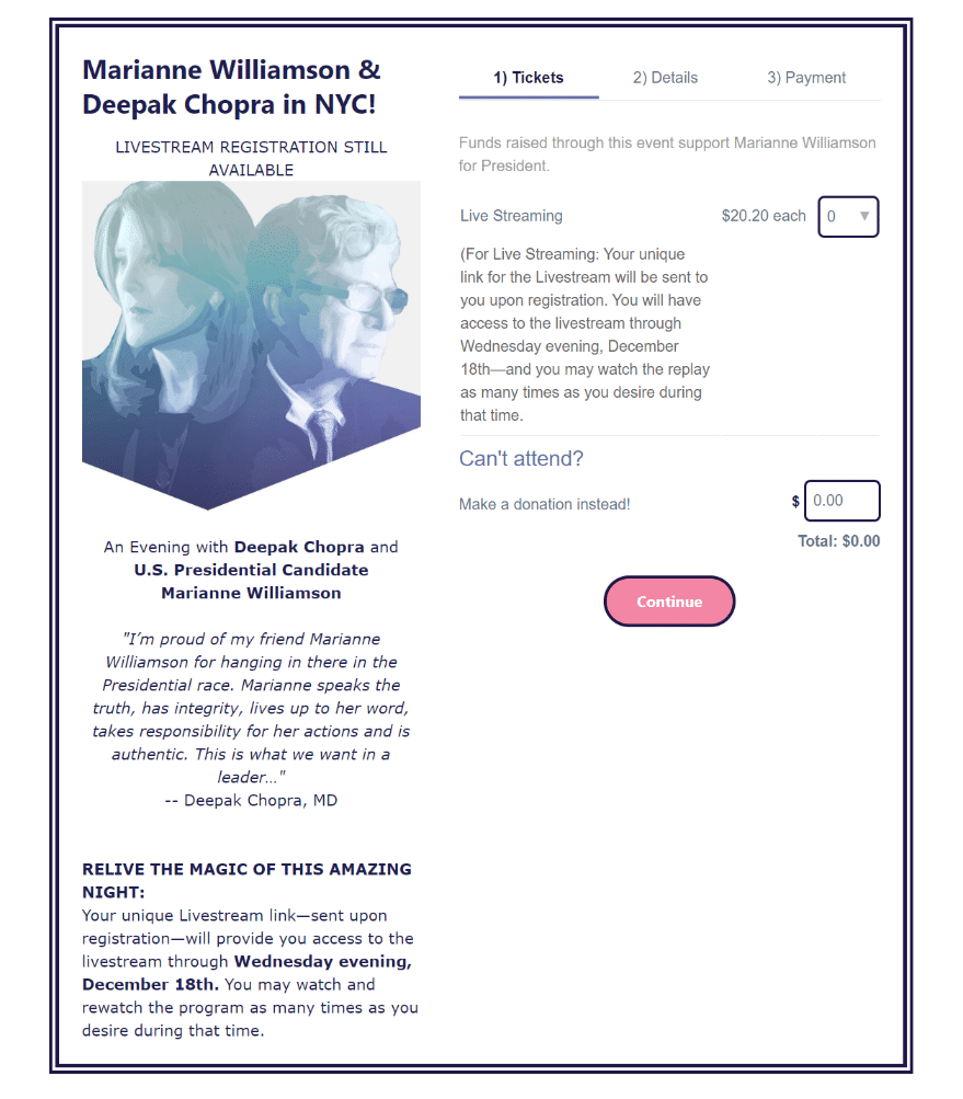 Marianne Williamson campaign landing page