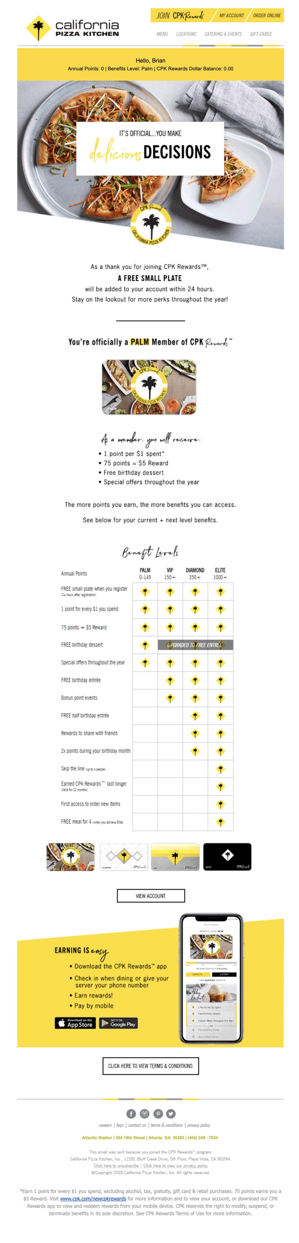 The California Pizza Kitchen does a great job with its welcome email for a variety of reasons.