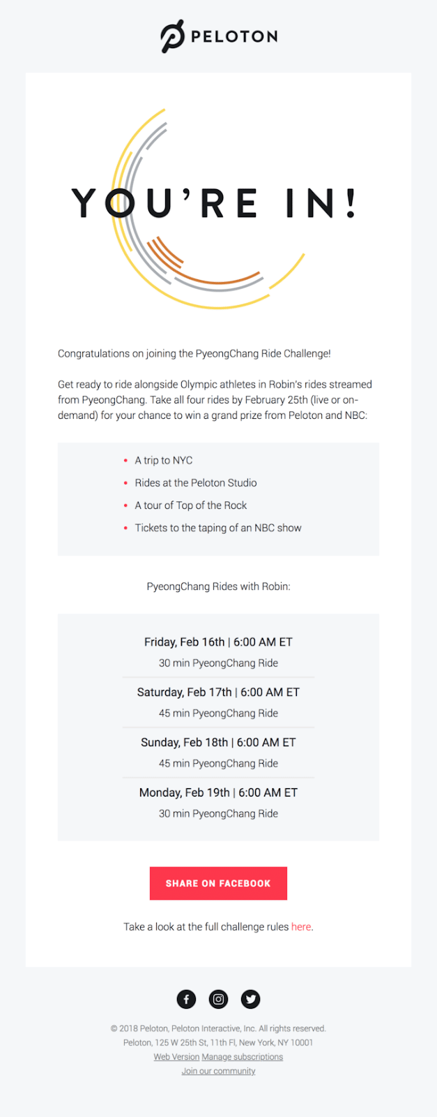 Peloton PyeongChang Ride Challenge email