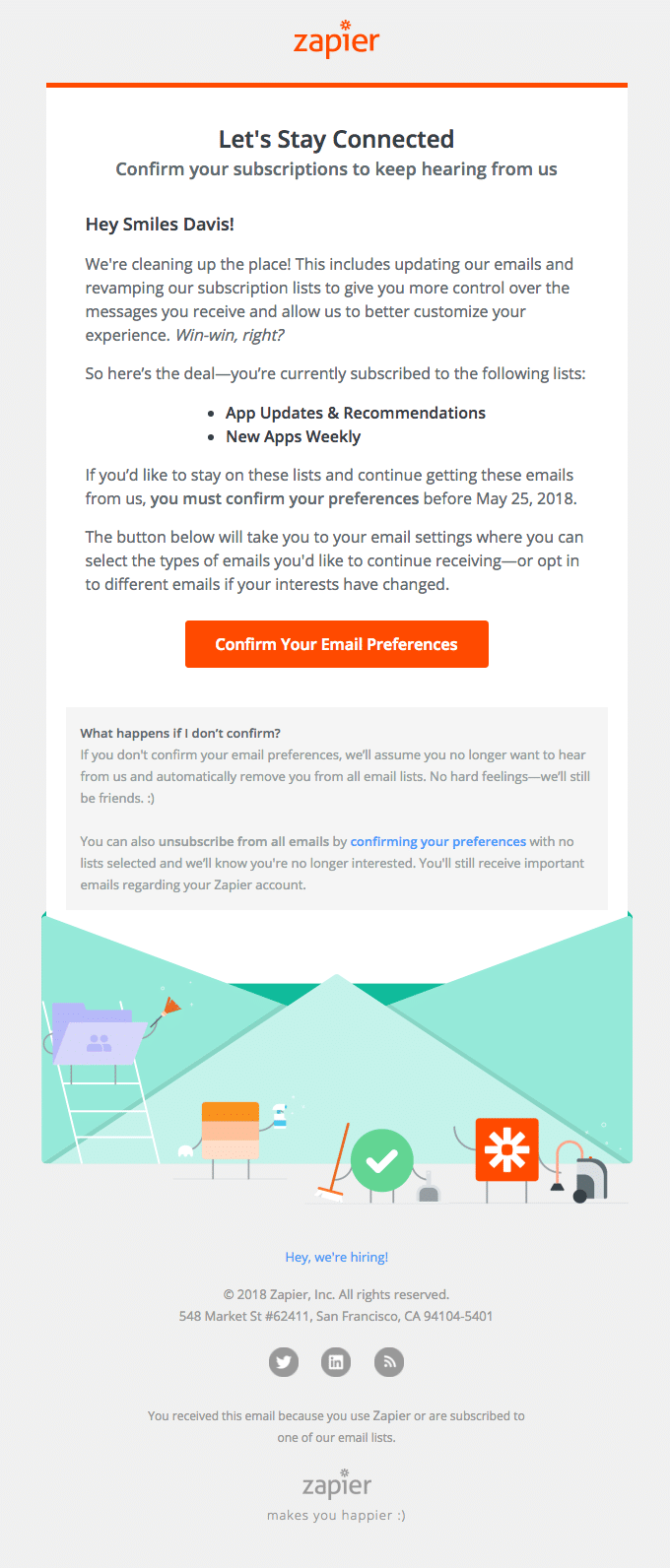 In the preference center, users should have the option to opt-in or out, choose the frequency of emails, and decide which type of content they want to hit their inbox.