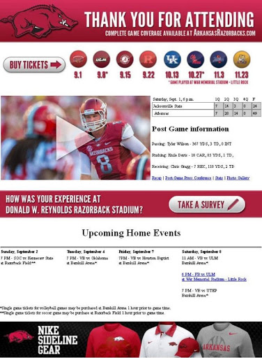 The University of Arkansas’ athletics department uses email segmentation to contact past football game attendees to boost future ticket sales and fan loyalty.