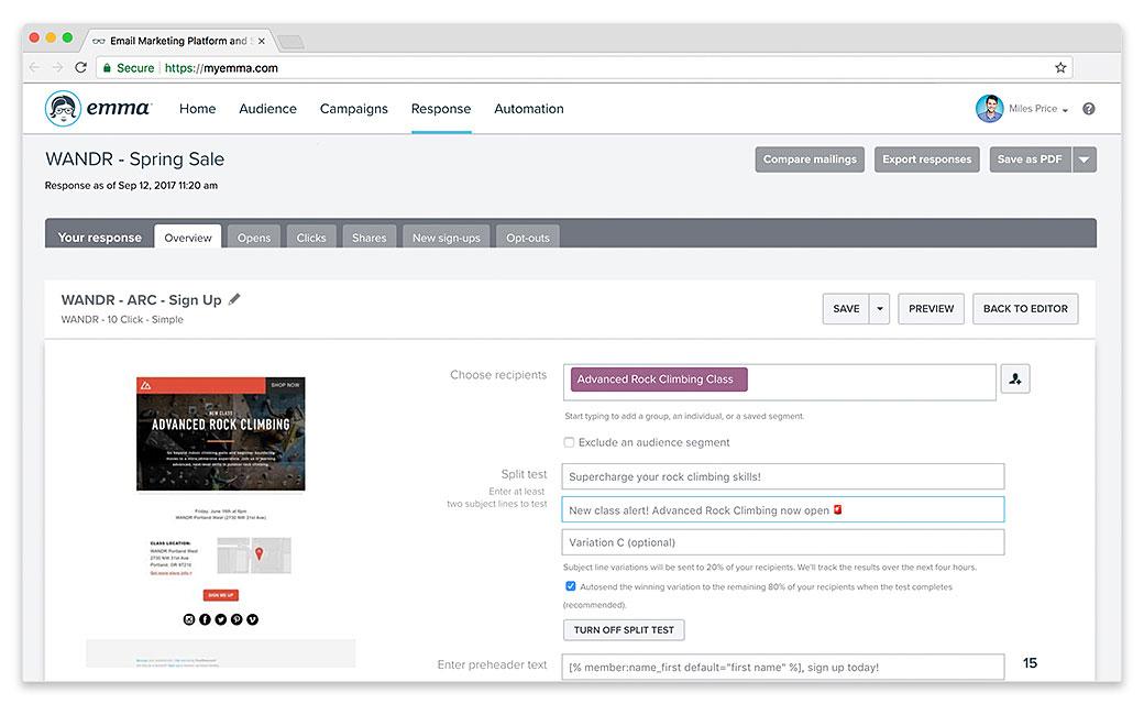 With Emma, you can try out two versions of a subject line to a smaller sample audience. Once you can determine which performed the best, it will be delivered to the rest of your audience.