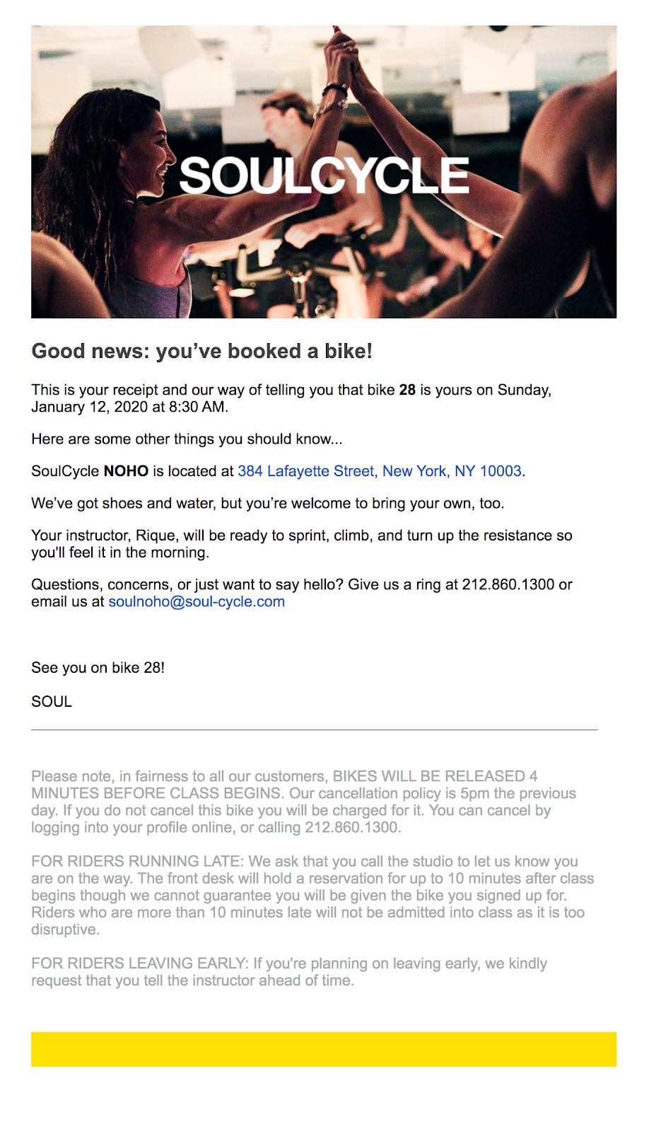 soulcycle confirmation email