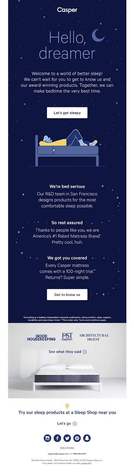 Casper sends an eye-catching welcome series to new subscribers that introduces their brand and credentials.