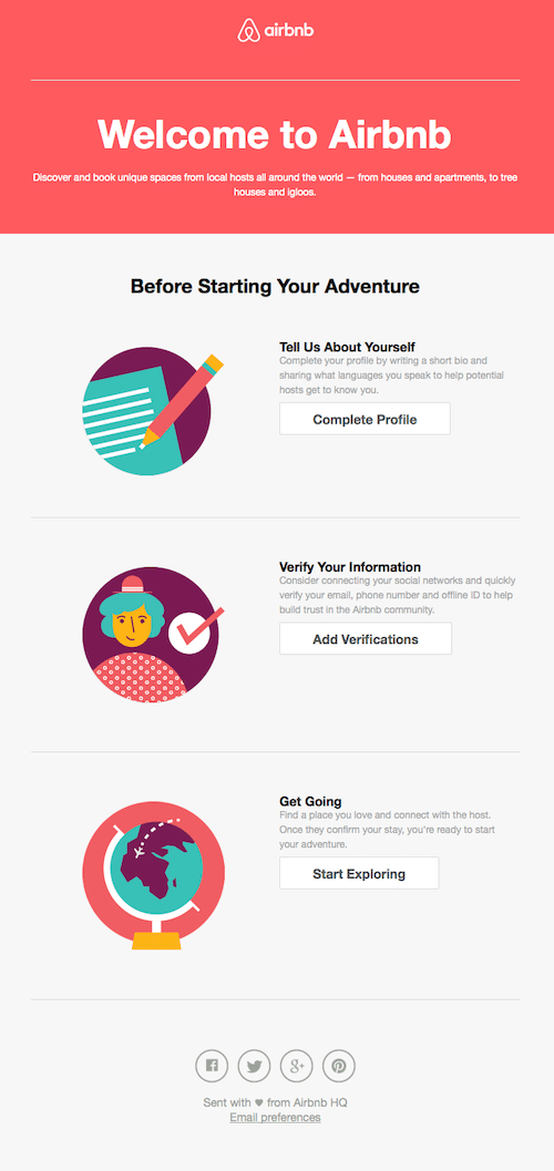 airbnb-welcome-email-example - Airbnb’s automated welcome email encourages subscribers to engage with the platform.