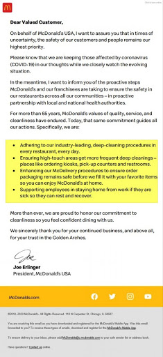 mcdonalds covid-19 email update