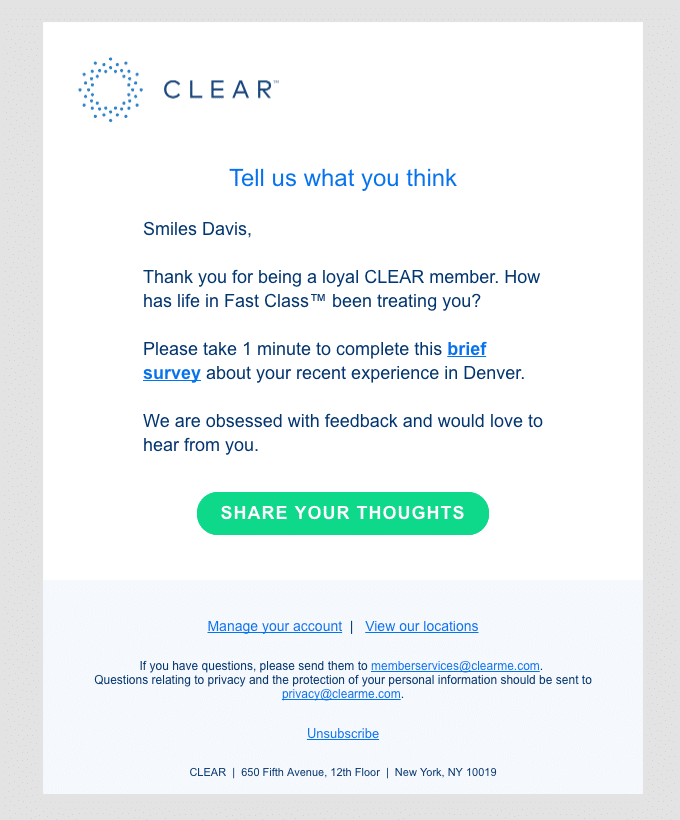 Clear sets expectations of what the survey will include and how long it will take to finish.