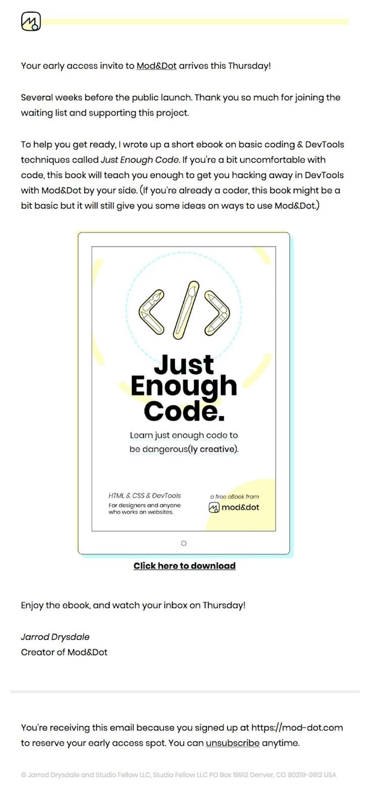 Mod&Dot email example