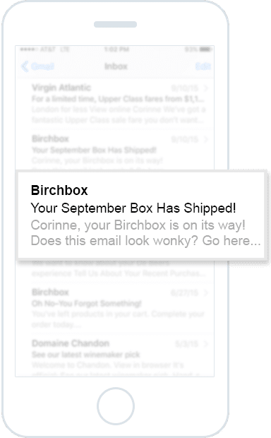 the pre-header is the grey text beneath the “Birchbox: Your September Box Has Shipped” subject line.