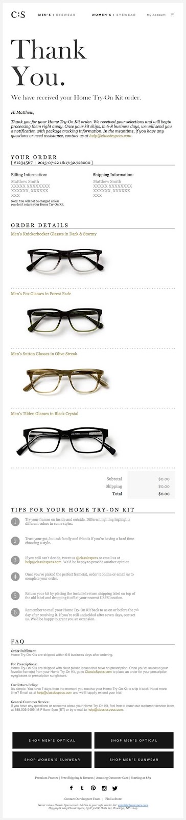 Classic Specs thank you email example