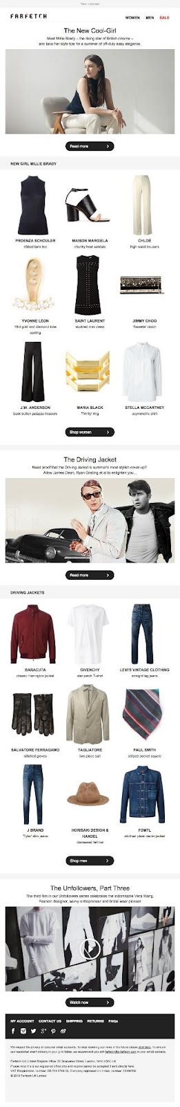 Even email campaigns that include more organization suffer from information overload like the below example from Farfetch.